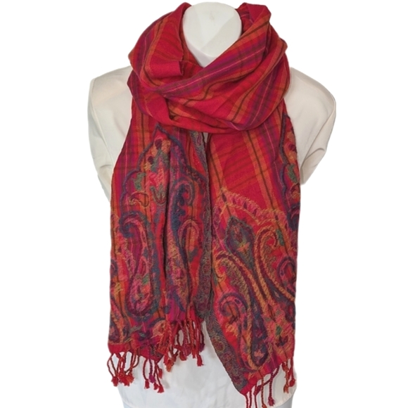 Fat Face Accessories - Fringed Plaid and Paisley Woven Wrap Scarf